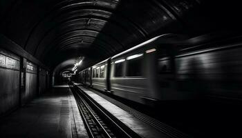 inuti de modern tunnelbana tåg, lämnar de mörk tunnel genererad förbi ai foto