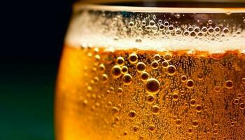 guld färgad flytande droppar i skummande öl glas, uppfriskande dryck genererad förbi ai foto