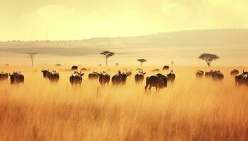 solnedgång silhuett av stor besättning betning i afrikansk savann äng genererad förbi ai foto
