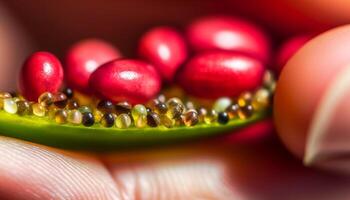 mogen bär frukt i förgrund, färsk natur bakgrund, friska äter genererad förbi ai foto