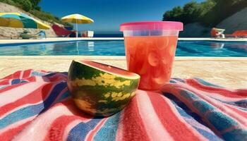 uppfriskande vattenmelon cocktail i en tropisk utomhus- genererad förbi ai foto