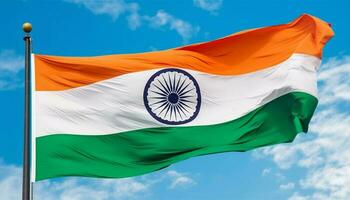 indisk flagga vinka majestätiskt i de himmel, symboliserar frihet och patriotism genererad förbi ai foto