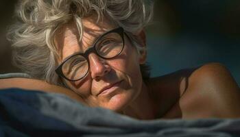 ett senior kvinna leende, njuter pensionering, ser på kamera utomhus genererad förbi ai foto