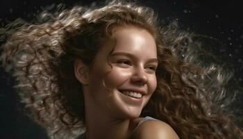 ett skön ung kvinna med lockigt brun hår leende lyckligt genererad förbi ai foto