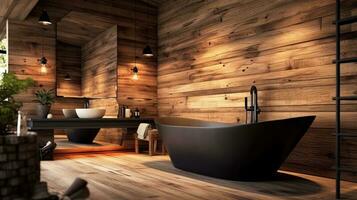 interiör av modern badrum med trä- väggar, trä- golv, bekväm svart badkar stående på trä- bänkskiva. generativ ai foto