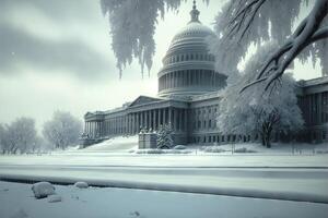 jul häftig snöstorm i Washington dc stad horisont i vinter. illustration generativ ai foto