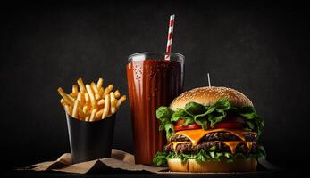 burger med koks och pommes frites i mörk bakgrund, generativ ai foto