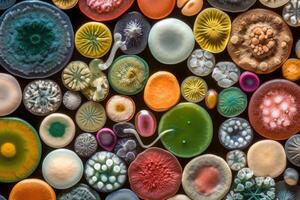 färgrik mängd av mikroorganism inuti petri maträtt tallrik i laboratorium med super makro zoom bakgrund, Inklusive av bakterie, protozoer, alger, och svampar, med generativ ai. foto