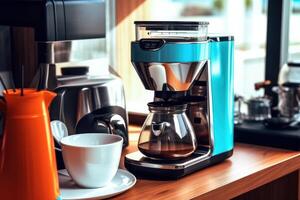 stock Foto av göra modern slipa kaffe tillverkare i de kök tabell mat fotografi generativ ai
