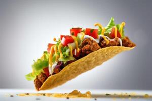 stock Foto av taco mexikansk flygande genom de luft med ost mat fotografi generativ ai