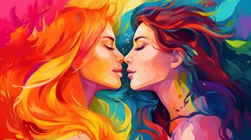 lesbisk par, HBTQ, stolthet, digital målning, ai genererad foto