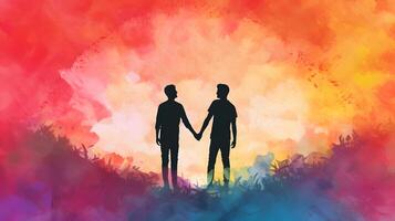 Gay par innehav händer tapet, ung handscome män, svart silhuett, abstrakt vattenfärg målning, ai genererad foto