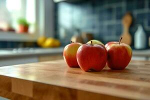 äpplen frukt i de kök tabell mat fotografi ai genererad foto