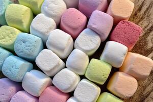 stock Foto av color marshmallow på de kök platt lägga fotografi generativ ai