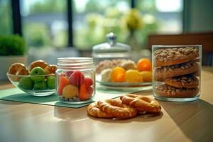 kalori snacks i de kök tabell mat fotografi ai genererad foto