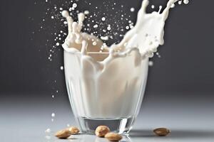 stock Foto av glas mandel mjölk till mjölk med stänk mat fotografi generativ ai