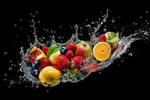 stock Foto av vatten stänk med olika frukt falla isolerat mat fotografi generativ ai