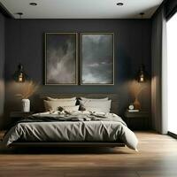 interiör av modern sovrum med grå väggar- betong golv- bekväm kung storlek säng med orange Linné och brun bedside tabell med två bedside tabeller. 3d tolkning foto