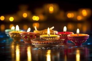 en diya olja lampa, diwali begrepp, suddig hindu festival av lampor firande bakgrund. ai generativ foto