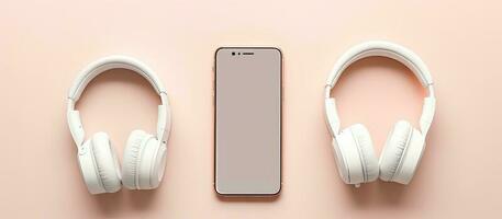en telefon och hörlurar på en rosa yta skapas med generativ ai teknologi foto
