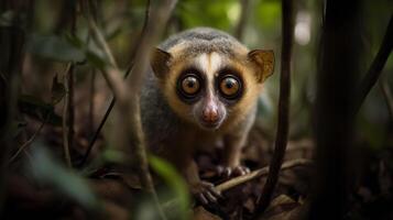 långsam loris maklig klättra i de indonesiska djungel foto