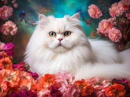 de nyckfull vit persisk katt bland blommor foto