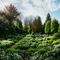 himmel trädgård landskap med skön blommor, grön träd och växter skapas med generativ ai teknologi foto