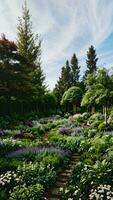 himmel trädgård landskap med skön blommor, grön träd och växter skapas med generativ ai teknologi foto