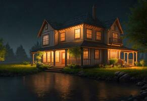 fantastisk realistisk hus exteriör på natt miljö skapas med generativ ai teknologi foto