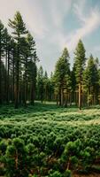 natur landskap de träd i de tall skog på en klar sommar dagsljus med grön gräs mönster skapas med generativ ai teknologi foto