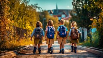 tillbaka till skola begrepp. skola barn med ryggsäckar gående till skola, generativ ai foto