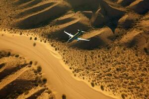 flygplan plan flygande över de öken- generativ ai foto