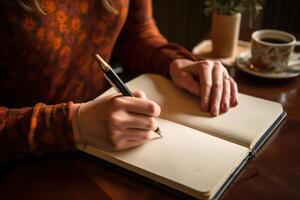 kvinna hand skrivning en bok generativ ai foto