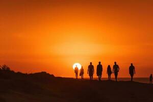 turist utflykt i de öken- kvickhet orange Sol generativ ai foto