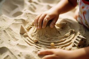 närbild av barns händer spelar med sand i de sandlåda generativ ai foto