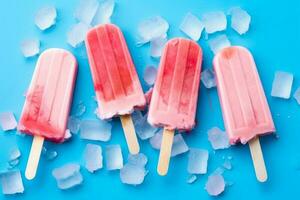 popsicles och is kuber på blå bakgrund topp se generativ ai foto