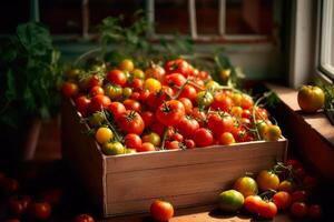 organisk röd tomater i lådor generativ ai foto