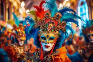 kvinna i en målad färgrik karneval mask generativ ai foto