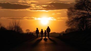 silhuetter av en familj gående längs en Land väg i de kväll generativ ai foto