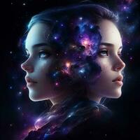 ai genererad affisch av två skön flickor sammanslagna i galax foto