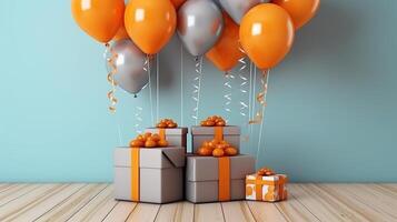 Lycklig födelsedag bakgrund och gåva låda och realistisk ballonger prydnad med band generativ ai foto
