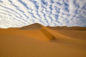 solnedgång över de sand sanddyner i de öken. torr landskap av de sahara öken. foto