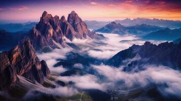 landskap med alpina berg dal och starry himmel, dolomiterna, Italien. generativ ai foto