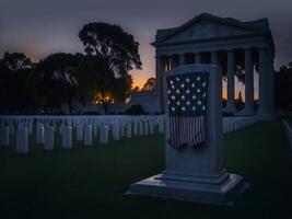 flagga på gravsten på de nationell hjältar kyrkogård, ai genererad bild foto