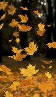 flygande falla lönn löv på höst bakgrund. faller löv, säsong- baner med höst lövverk, generera ai foto