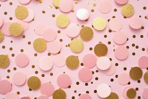 en blek rosa bakgrund med guld polka prickar ai genererad foto