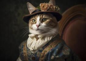 katt klädd i årgång kläder i victorian stil, porträtt i de stil av de 19:e århundrade, rolig söt katt i mänsklig kläder. ai generativ. foto