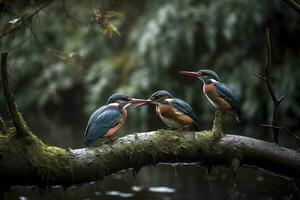 en härlig par av allmänning kungsfiskare en skön blå fågel perching på de gren tillsammans, fascinerad natur, generera ai foto