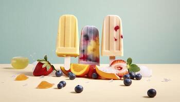 svävar is grädde popsicles med frukt och bär på pastell bakgrund, fri copy för text. flygande is grädde, sommar efterrätt, frysta frukt juice. ai genererad bild foto