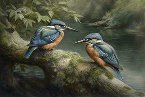 en härlig par av allmänning kungsfiskare en skön blå fågel perching på de gren tillsammans, fascinerad natur, generera ai foto